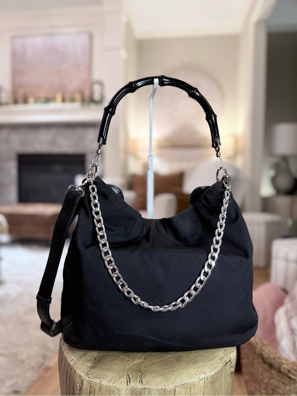 Gucci Black Nylon Bamboo Hobo Bag